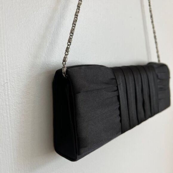 La Diva Black Satin Silver Tone Hardware Women's Clutch Shoulder Bag Purse - Picture 3 of 15